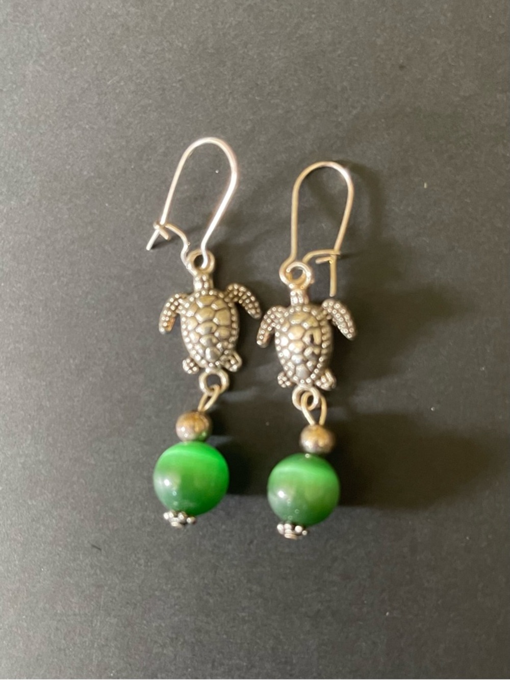 Green Turtle Drop Earrings - Silver Tone Hooks